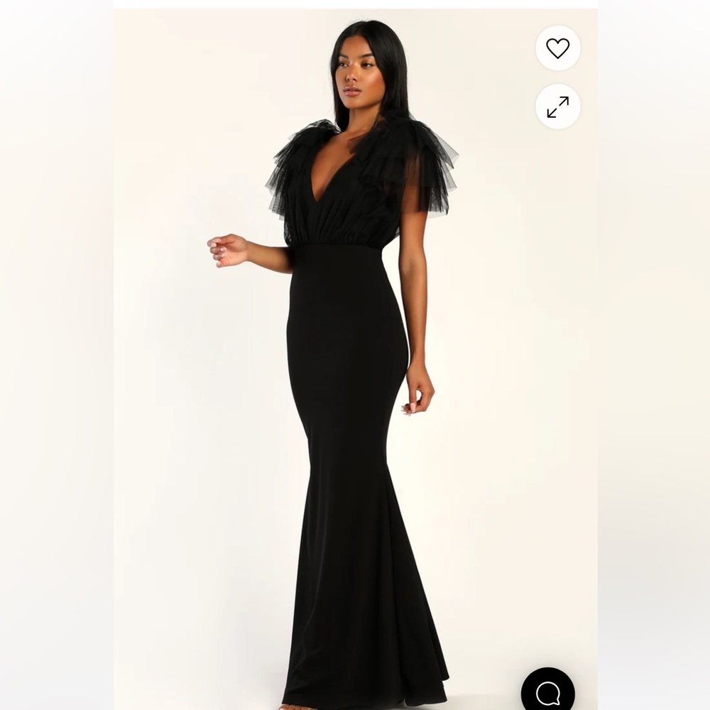 Lulus Black Tulle Flutter Sleeve Mermaid Maxi Dress. Size Large